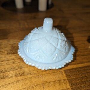 Westmoreland White Milk Glass Small Domed Butter Dish- Thumbelina patter